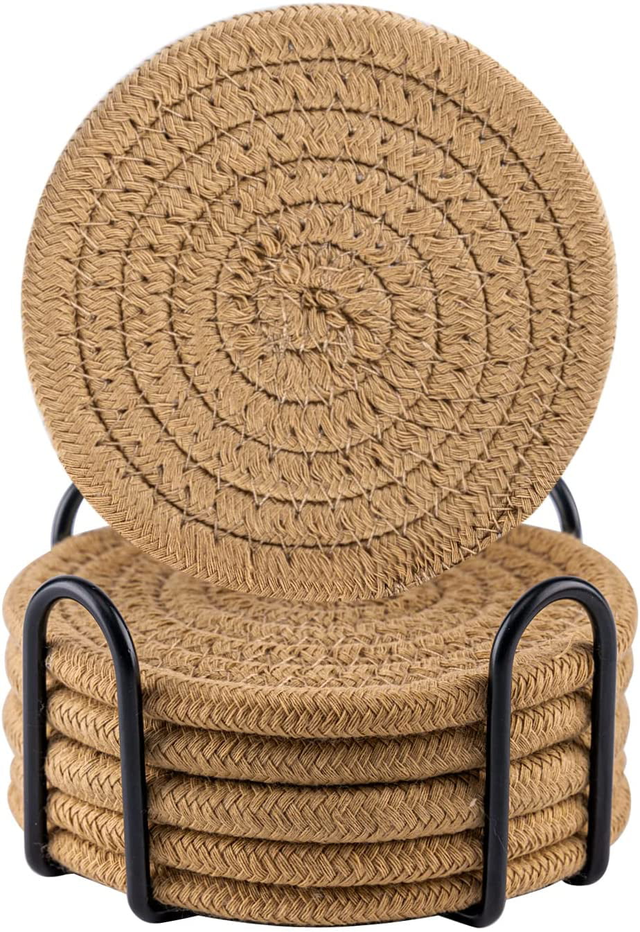 Set of 6 Vintage Rattan Drink Coasters Cup Mat With Holder Handmade Woven 