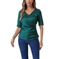 thumbnail image 1 of Blusa de satén INSPIRE CHIC para mujer, con cuello en V, mangas cortas, fruncido, con lazo en la parte posterior, tops casuales de oficina, talla XS, azul verde, 1 of 1