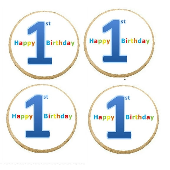 12 - 2 inch Happy 1st Birthday Blue Edible Cupcake Image Toppers