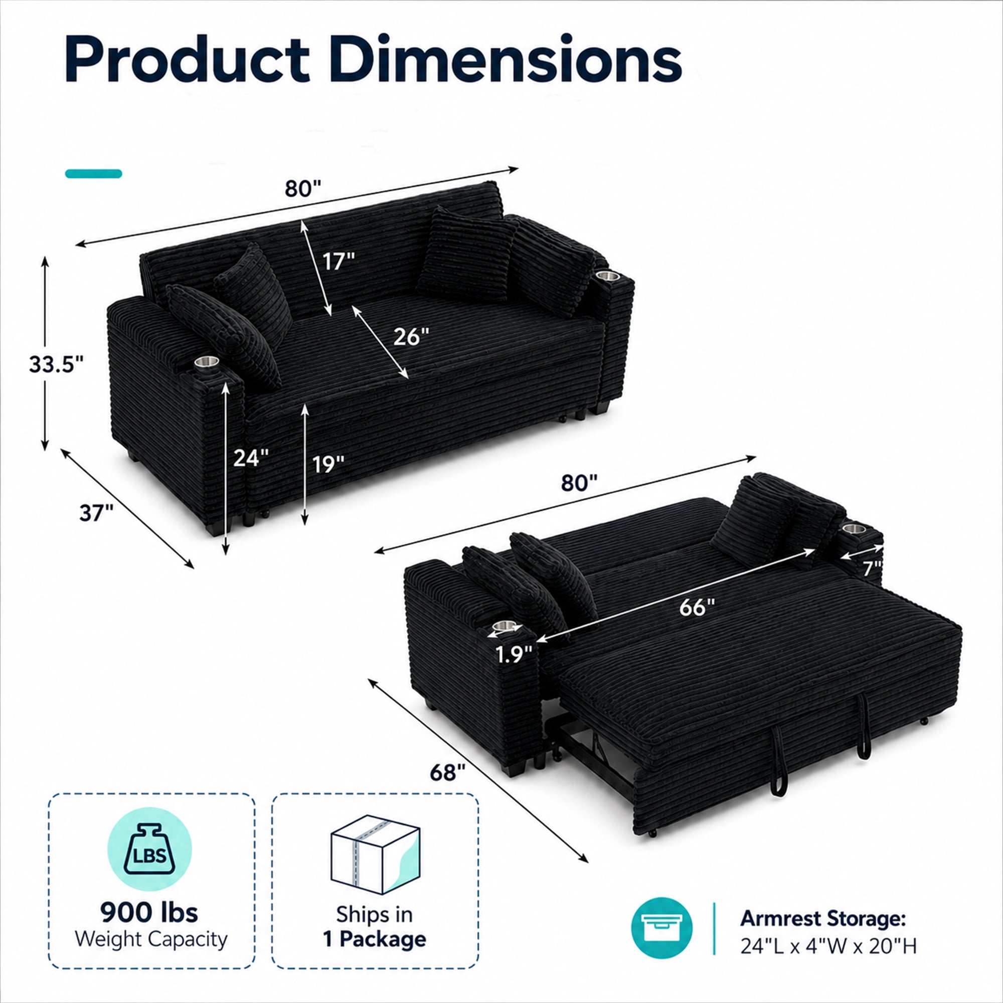 Aukfa 80" Comfy 3 Seat Sofa Convertible Sleeper Sofa Bed with Storage Armrest& Cup Holders for Living Room, 4 Pillows, Corduroy, Black