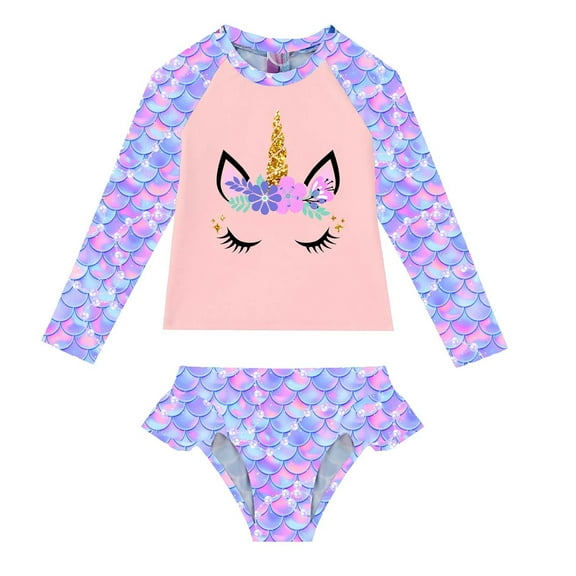 MSemis Kids Girls Rashguard Swimsuit & Swim Bottoms Set with UPF 50 , 2-Piece, Size 4-16 Pearl Fish Scales 6