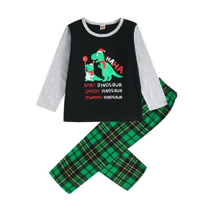 

WakeUple Family Matching Christmas Pajamas Set Long Sleeve Dinosaur Print Tops Plaid Pants XMAS Sleepwear Pjs