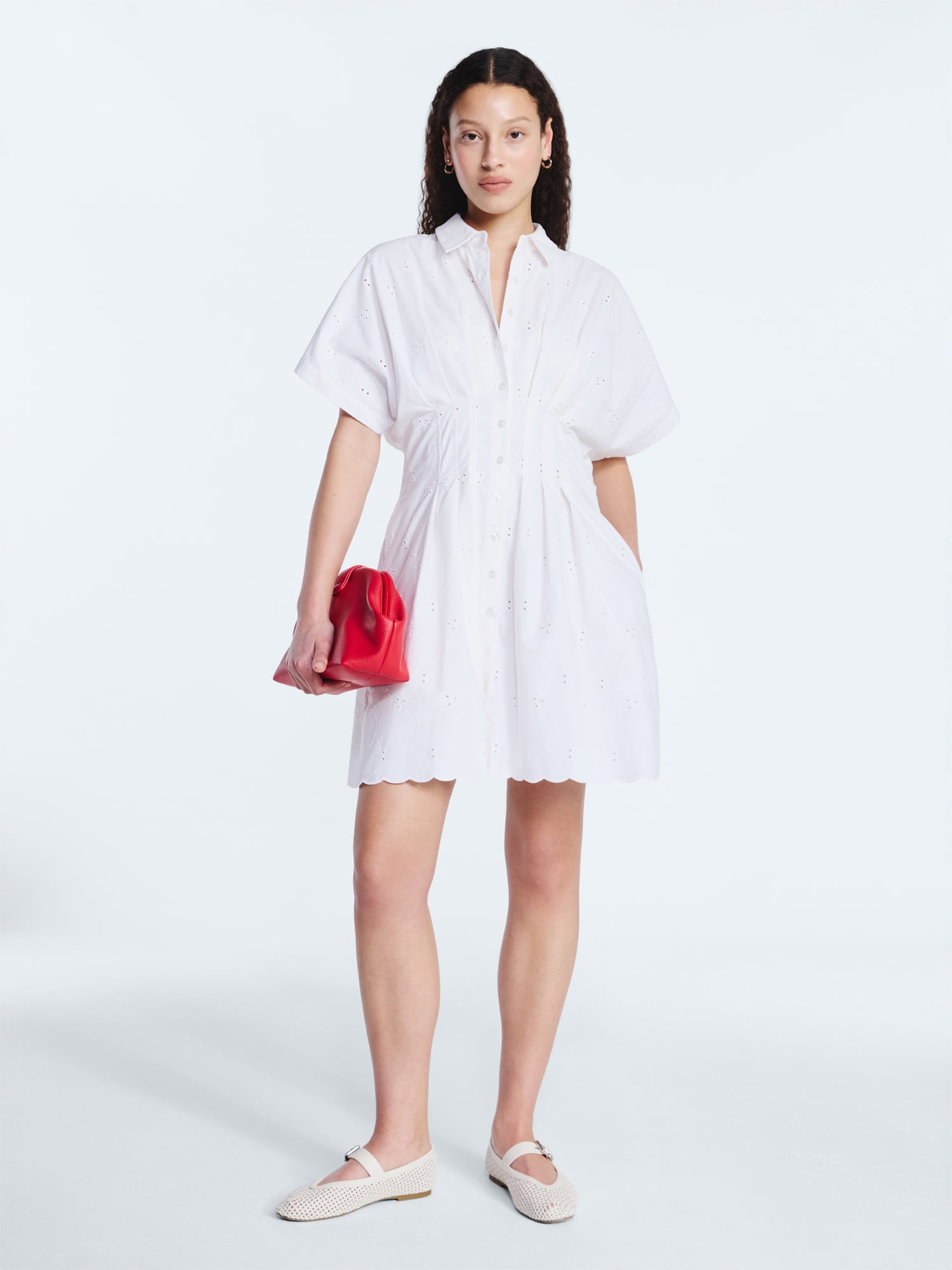 Free Assembly Women's and Women's Plus Cotton Eyelet Corset Mini Shirtdress, Sizes XS-4X