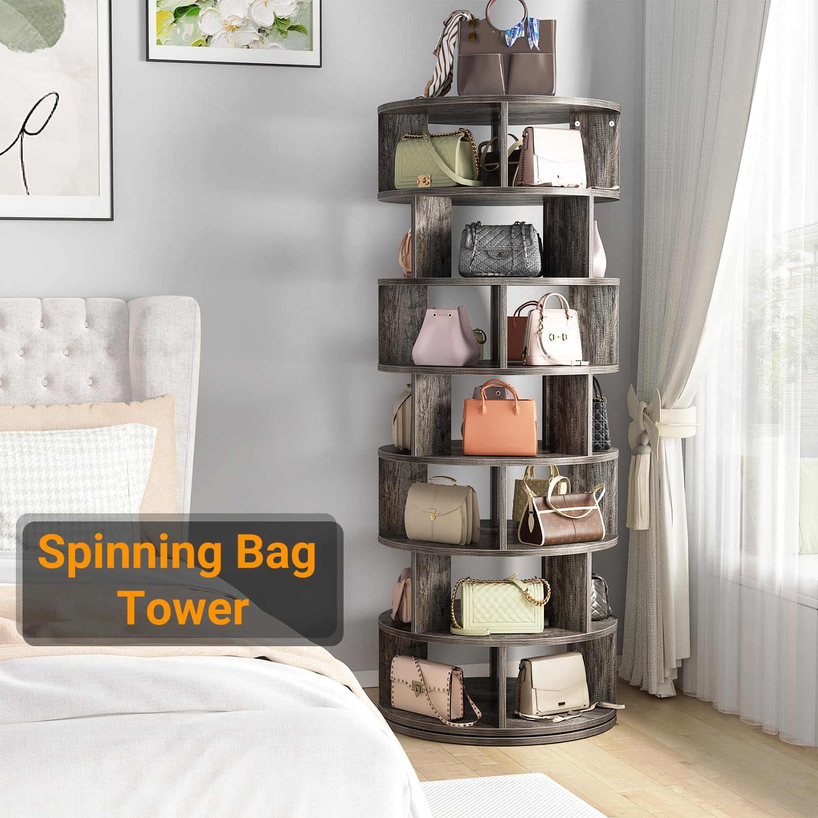 Aheaplus Rotating Shoe Rack Tower, 7-Tier Spinning Shoe Rack 360 Revolving Shoe Rack Organizer for Closet, Display Round Storage Carousel Shoes Closet Organization, Gray Oak