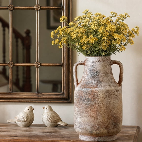 Ceramic Flower Vase with Handles, Tall Vase for Centerpieces, Large Decorative Terracotta Vases, Farmhouse Rustic Vases for Home Decor, Living Room, Table, Neutral