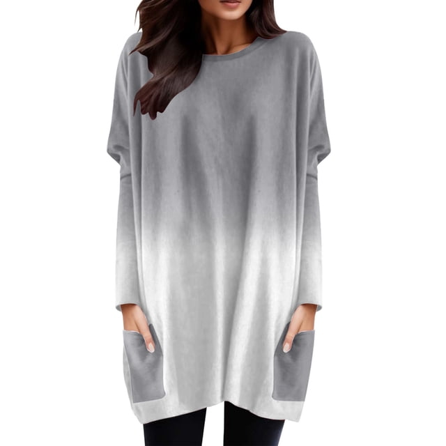 WEAIXIMIUNG Chemises à Manches Longues pour Femmes Col en V pour le Travail Femmes Automne et Hiver Mode Décontractée Col Rond Manches Longues T-Shirt Haut Poche Manches Bouffantes Imprimé