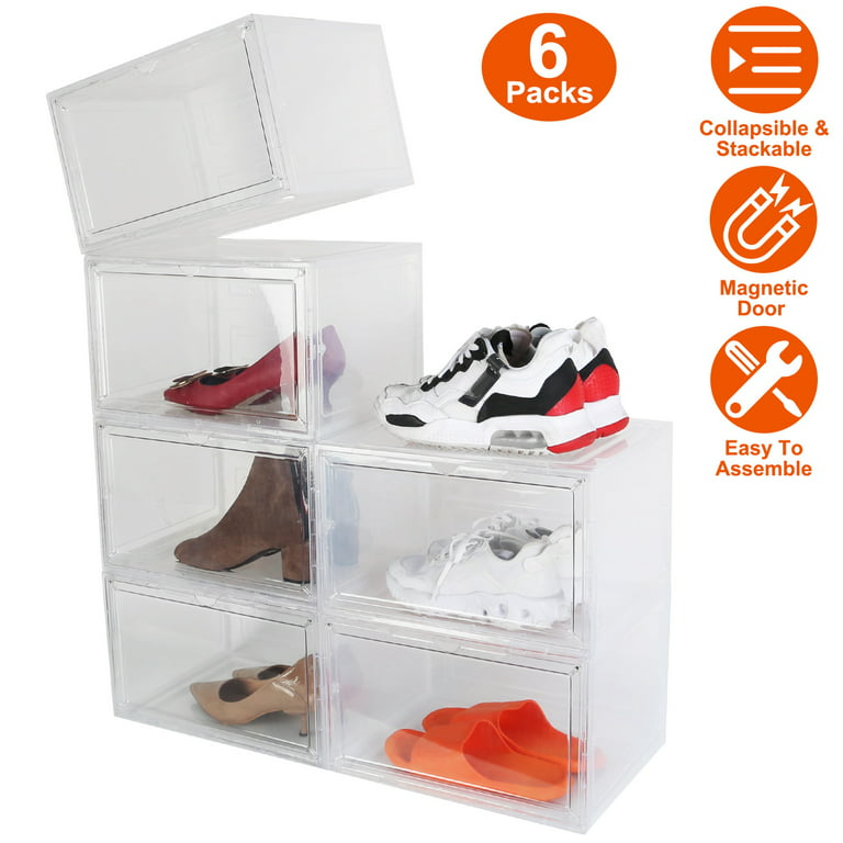 6-Tier Foldable Shoe Rack Organizer for Closet ,12 Pairs Plastic  Collapsible Shoes Storage Box,Clear Shoe Boxes Stackable with Door, Easy  Assembly Shoe Cabinet Bins with Lids(White)