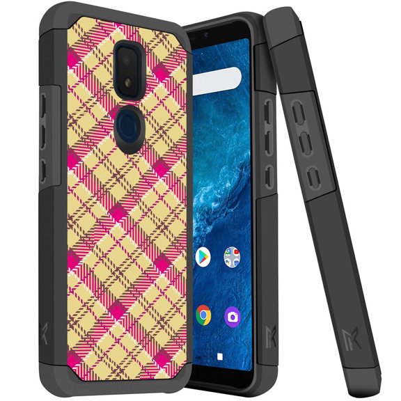 ANJ  Slim Dual Layer Hybrid Shockproof Case   Tempered Glass Cover for Cricket Icon 3, Splendor, AT&T Motivate 2 - Yellow Pink Plaid