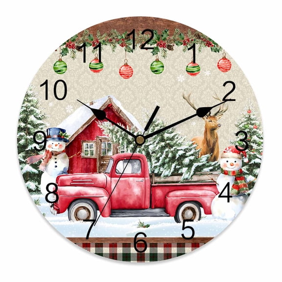 Wall Clock 14 Inch Red Farm Truck Christmas Tree Round Silent Decorative Wall Clocks Battery Operated for Living Room Bedroom Kitchen Classroom Decor, Winter Snowmen Elk,Large