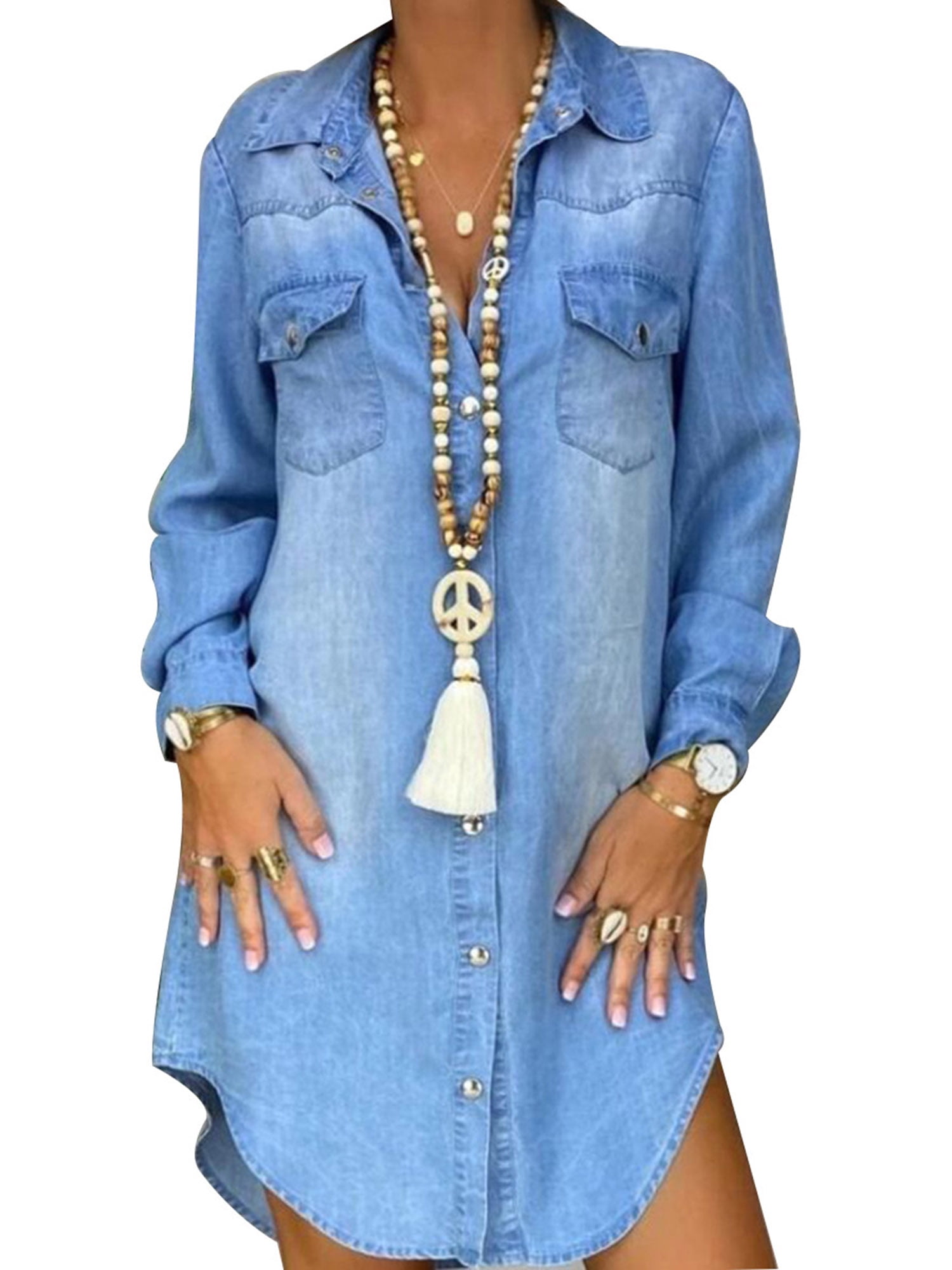 workshop international One hundred years One opening Women Casual Long Sleeve Button-Down Distressed Jean Dress -  Walmart.com