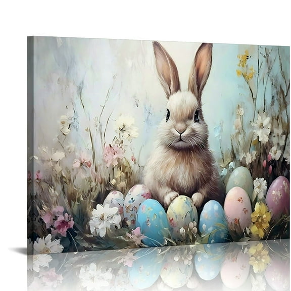 Vintage Easter Bunny Eggs Print Wall Art, Lovely Rabbit Picture Posters Wrapped Canvas Wall Decor Artwork Painting for Bedroom, Living Room,Bathroom, Office Classic Home Decor Easter Gifts