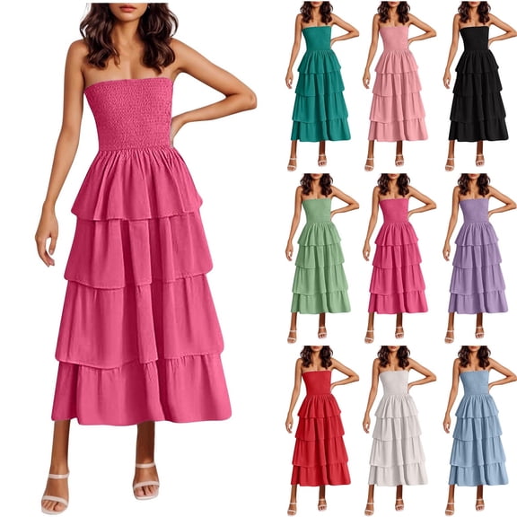 TAGOLD Womens Camis Sleeveless Dress Solid Color Ruffle Layered Tube Top Long Off Shoulder