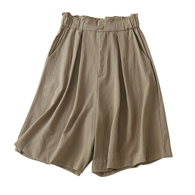 Diufon Elastic Ruffle Waist Shorts for Women Cotton Linen Pleated Shorts Pockets Solid Color Button Shorts