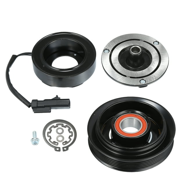 juego de embrague de compresor de ca unique bargains para dodge dakota 2004-2007 Repuesto en tono plateado y negro visto en plano cenital: placa de embrague metálica con centro estriado, bobina del embrague con conector eléctrico y cable, polea de 6 ranuras con rodamiento visible (3,5x13,5 cm), arandela de retención y tornillo M6x1.0; compatible con Dodge Dakota 2004-2007 3.7L y 4.7L.