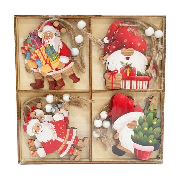 12Pcs Christmas Wood Ornaments, Set of Wooden Hanging Pendants with Santa and Gift Designs for Tree and Home Holiday Decoration