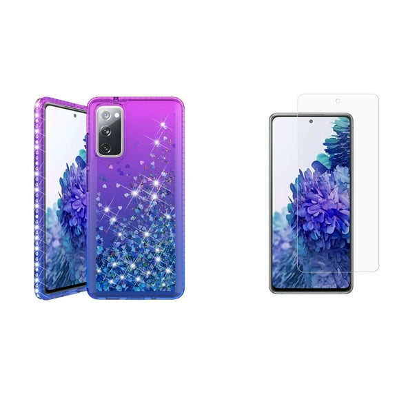 Bemz Liquid Quicksand Case for Samsung Galaxy S20 FE (with 2 Pack of Tempered Glass Screen Protectors and Touch Tool) - Purple & Blue