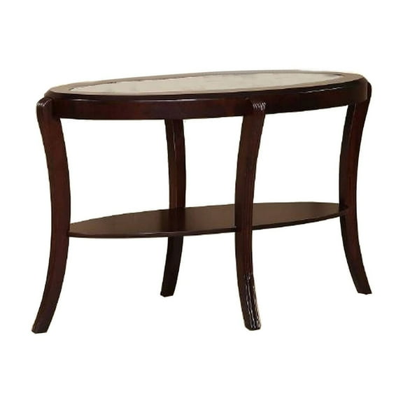 Lyn 51 Inch Console Table with Oval Glass Top and Lower Shelf- Brown Wood