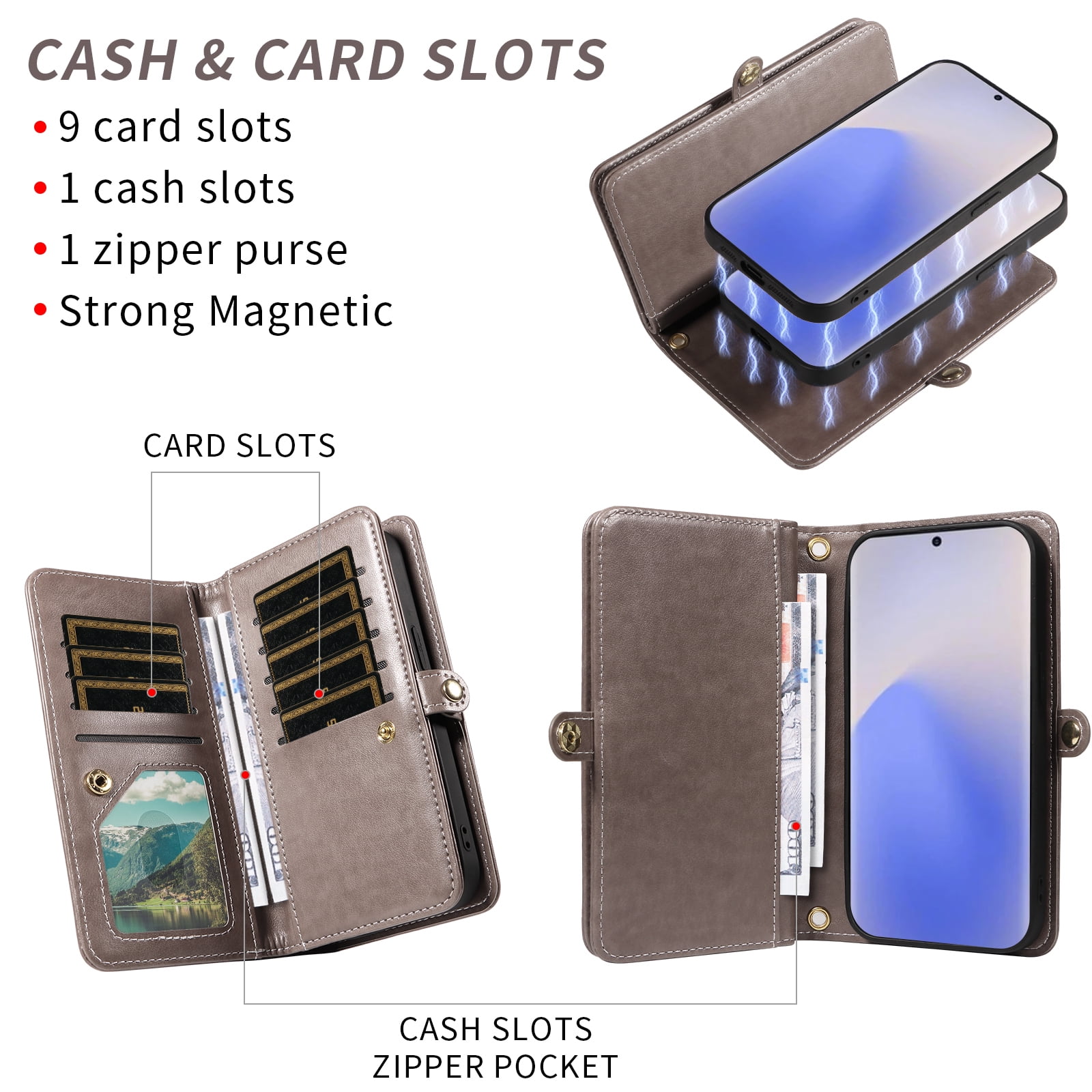 Asuwish Phone Case for Samsung Galaxy Note 20 5G Zipper Wallet Detachable Cell Cover with Tempered Glass Screen Protector Strap Flower Flip Card Holder Slot Note20 Notes 20s Twenty Not S20 Women Gray