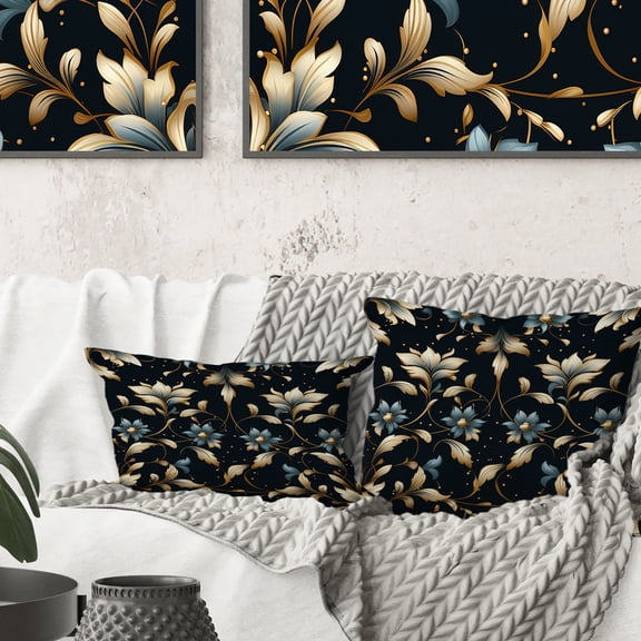 Designart "Opulent Blue And Golden Floral Design I" Marble Printed Throw Pillow