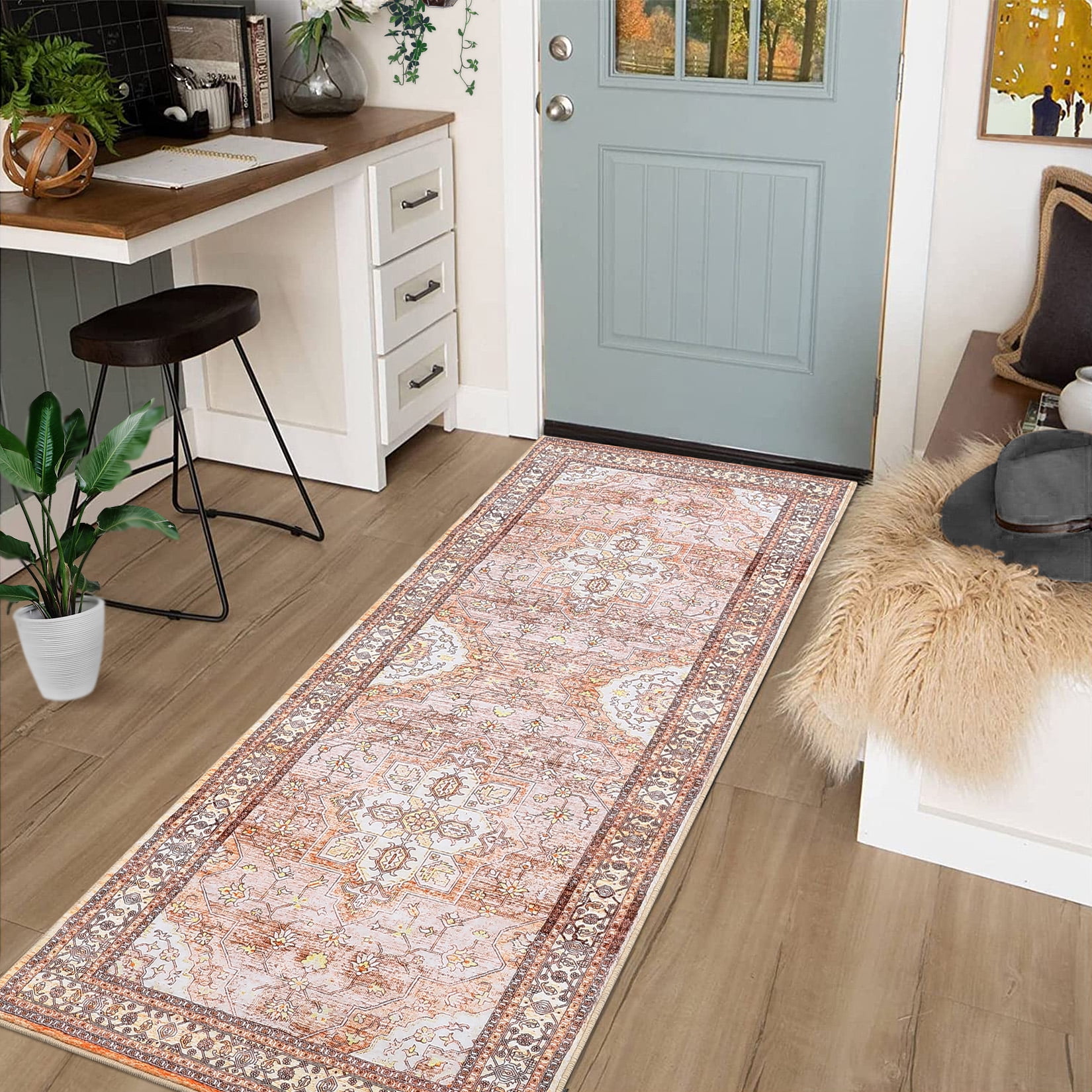 HOMERRY Runner Rug 2' x 6' Bedroom Rug Boho Distressed Area Rug&nbsp;for Living Room, Rust Red