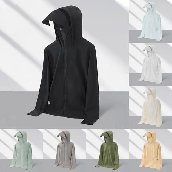 Xfvqtps Mens And Womens UPF50 Sun Protection Light Jacket Hoodie with Wide Brim High Zip up Long Sleeve with Thumb Hole Solid Color Hiking Athletic Lightweight Breathable Summer Top Army Green