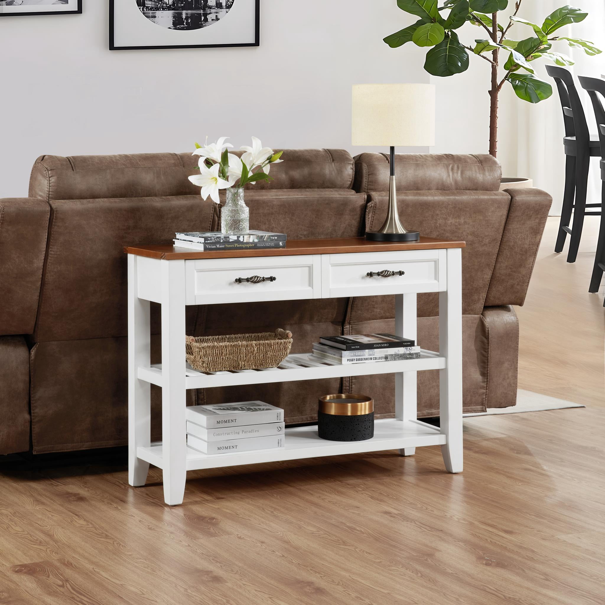 Howcool Retro Console Table with 2 Open Shelves, Pine Solid Wood Frame for Living Room, White