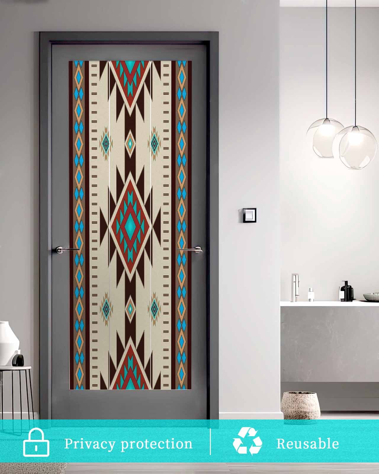 Window Privacy Film Brown Blue Stained Glass Window Film Decorative Sun Block Window Cover Green Southwest Ethnic Native American Boho Window Clings Static Adhesive Sticker for Bathroom 23.6"x59"