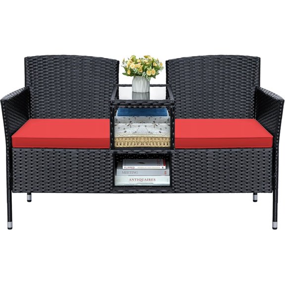 Greesum Patio Loveseat Outdoor Wicker Furniture Conversation Set with Soft Cushions & Built-in Coffee Table for Lawn Garden Backyard, Red