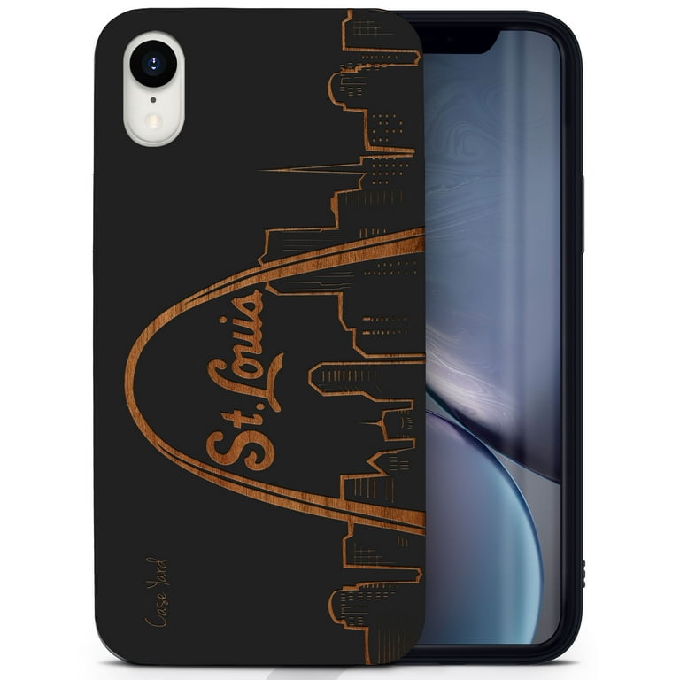 Wood phone case for iPhone XR compatible protective cell phone cover  shockproof slim fit laser engraved St. Louis Skyline design Black wood case  for Men & Women by CaseYard 