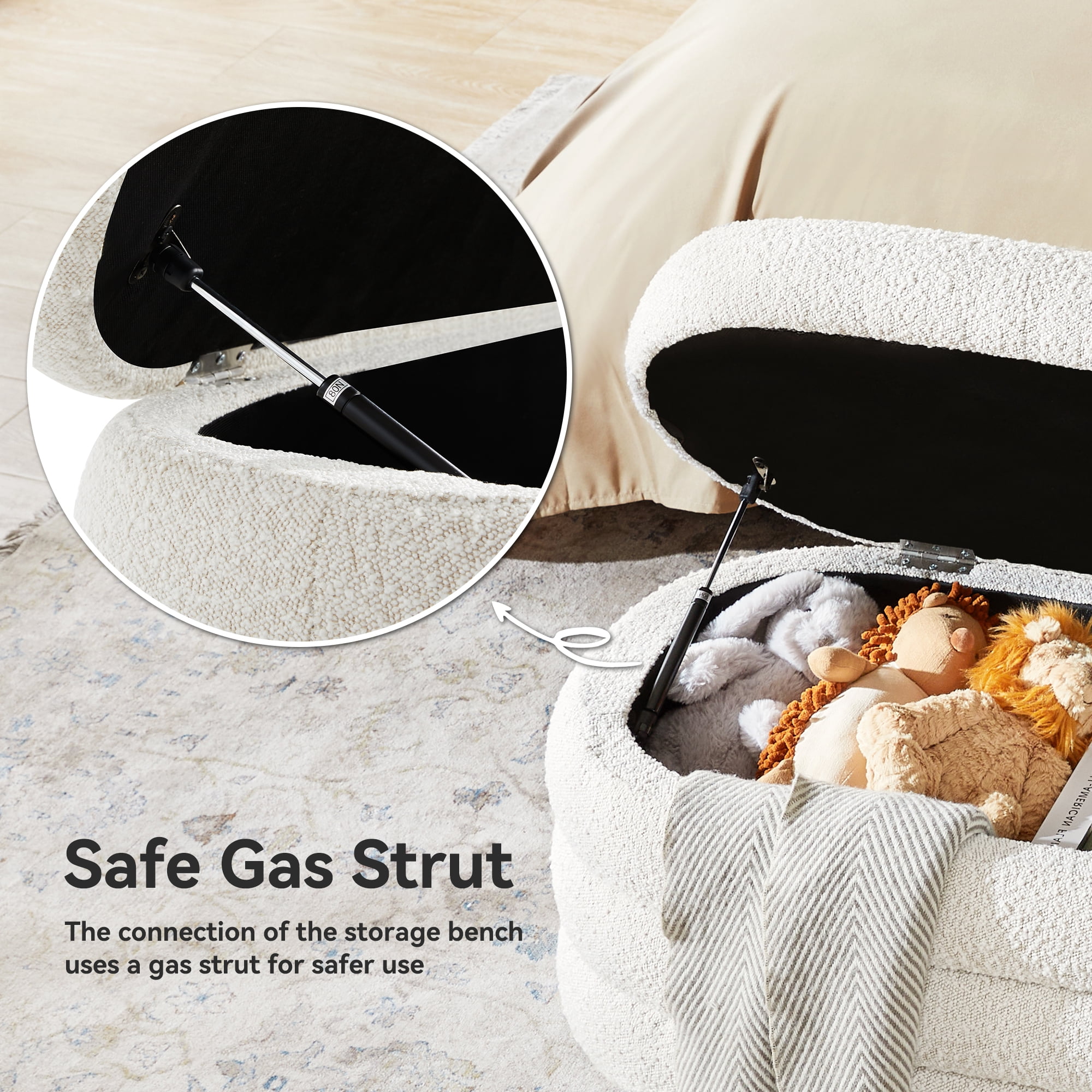 Modern Upholstered Oval Sherpa Storage Ottoman, 49.2", White