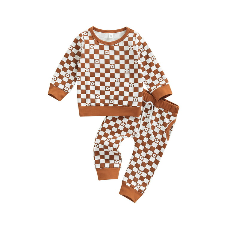 AMILIEe 2 Pieces Infant Baby Girls Suit Set, Checkerboard Print Long Sleeve  Tops+ Long Pants 