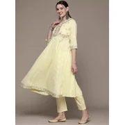 Anarkali Style Cotton Kurta Pant Dupatta Set Indian Women Kurti Salwar Suit V-Neck Size 46