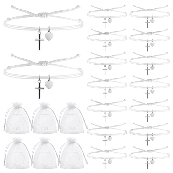 30 Sets Favors Heart Bracelet Nylon Cord Bracelet Bulk with Organza Gift Bags Adjustable Bracelets with Charm Christian GiftsDIY