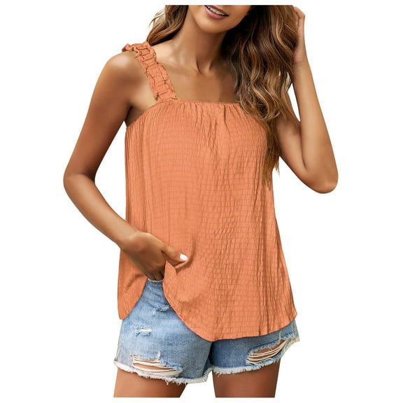 Wycnly Womens Tank Tops Casual Lightweight Linen Loose Elastic Strap Tops Summer Fashion Solid Square Neck Sleeveless Shirts Blouse Orange l