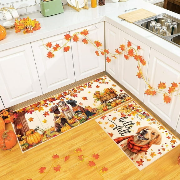 Thanksgiving Doormat Set, Maple Leaf Floor Mats, Non Slip Polyester Recycled Rubber Backing, Durable Low Profile Multicolor Entrance Rug for Home Décor and Easy Cleaning 2 Pieces