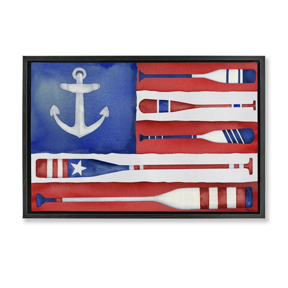 Stupell Industries Patriotic Oar Flag Patriotic Painting Black Floater Framed Canvas Art Print Wall Art, 25 x 17