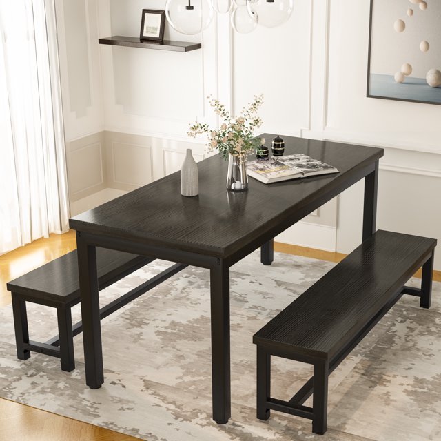 Stmoze 47.2" Dining Table Set for 4, Space Saving Kitchen Dining Table with 2 Benches, 3 Pieces Rectangular Dining Room Table Set, Dining Set for Kitchen Restaurant, Black