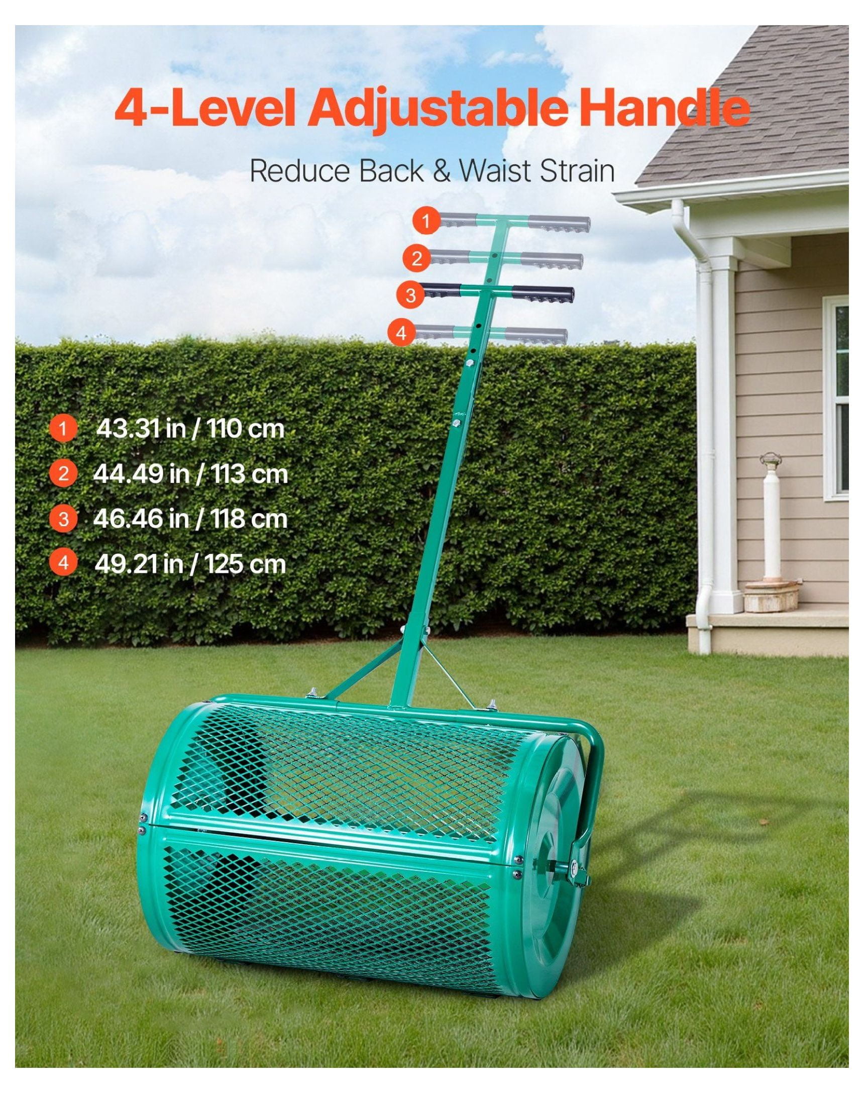Compost Spreader 24 inch, Peat Moss Spreader with Tow Handle, Adjustable Height, Heavy Duty Steel Garden Seed Spreader for Lawn, Farm, and Garden