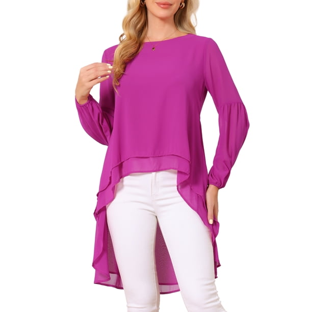 Blusas asimétricas de chiffon de manga larga con cuello redondo para mujer, estilo casual y elegante, color púrpura profundo