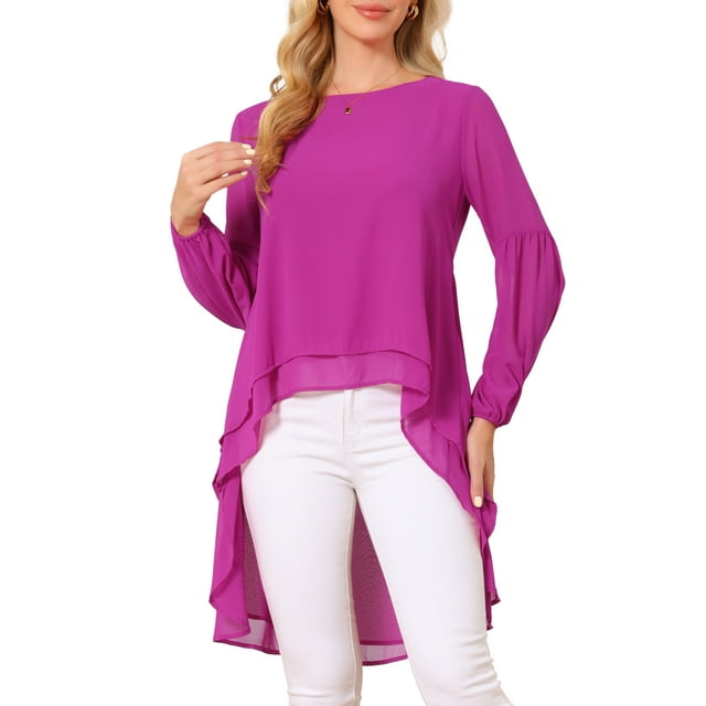 INSPIRAR CHIC Blusas Asimétricas de Manga Larga con Cuello Redondo para Mujeres, Casual y Elegante, en Chiffon, Talla XL, Púrpura Profundo