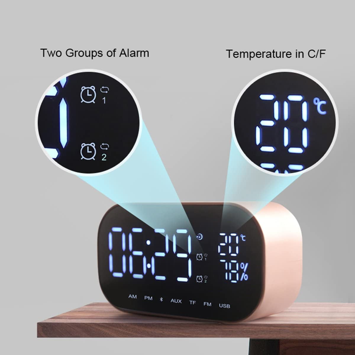 Rose Gold Enjoy Best Time Digital Radio Alarm Clock,Wirless Bluetooth Speaker Clock USB Charging AUX TF Card Play for Desktop 