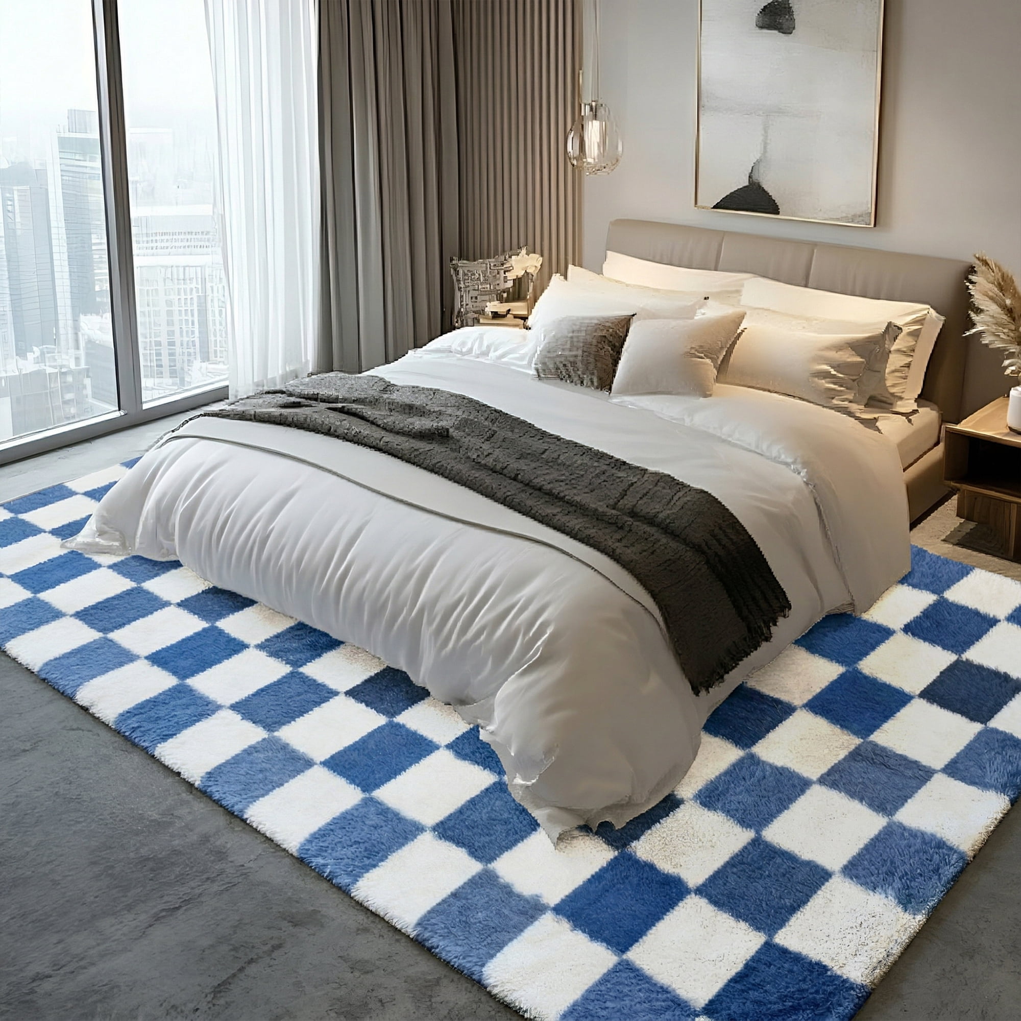 Pentantan 5ft x 8ft Shag Area Rugs for Living Room, Classic Checkered Fluffy Bedroom Carpet, Blue & White