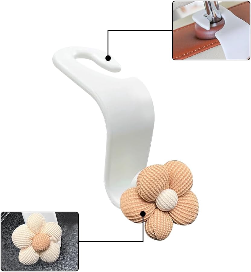 Rongsi Car Purse Hook,4PCS Car Headrest Hooks, Cute Flower Vehicle Seat Organizer Hooks for Purses and Bags, Portable Automotive Purse Hanger Holder Decoration, Universal for SUV, Sedan, Truck (Beige