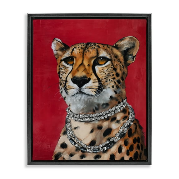 Stupell Industries Leopard Royalty with Necklace Animals Painting Black Floater Framed Canvas Art Print Wall Art, 17 x 21