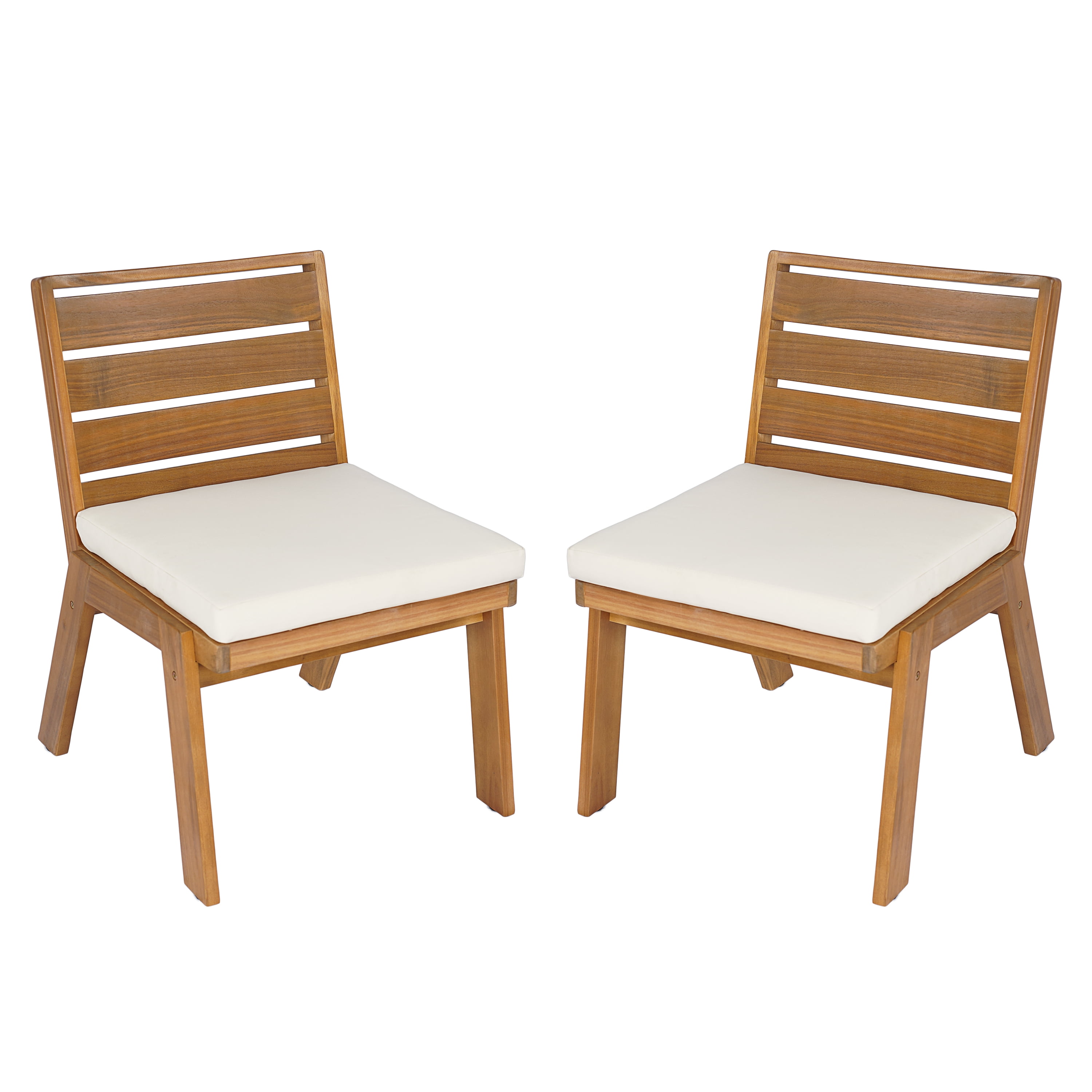 Set of 2 Outdoor Dining Chairs with Acacia Wood Frame and Beige Washable Cushions, Armless Patio Chairs and Garden Seating for Backyard, Teak Finish