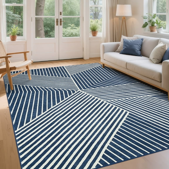Yesurprise 5'x7' Modern Geometric Striped Area Rugs - Machine Washable, Soft, Non-Slip, Non-Shedding - Low Pile Indoor Carpet for Living, Bedroom, Dining Room, Office - Blue