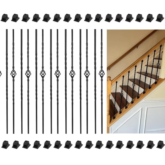 16-Pack Wrought Iron Balusters for Staircase, Hollow Single Basket with Double Twist 1/2" Square Metal Balusters with 32Pcs Baluster Swivel Shoes