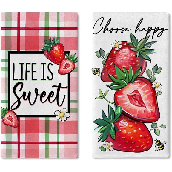 Brythos Strawberry and Bee Print Kitchen Towel Set of 2, 18x26 Inch 'Life is Sweet' Farmhouse Dish and Hand Towels, Plaid Red Fruit Design Baking and Drying Cloths for Spring Summer Kitchen Decor