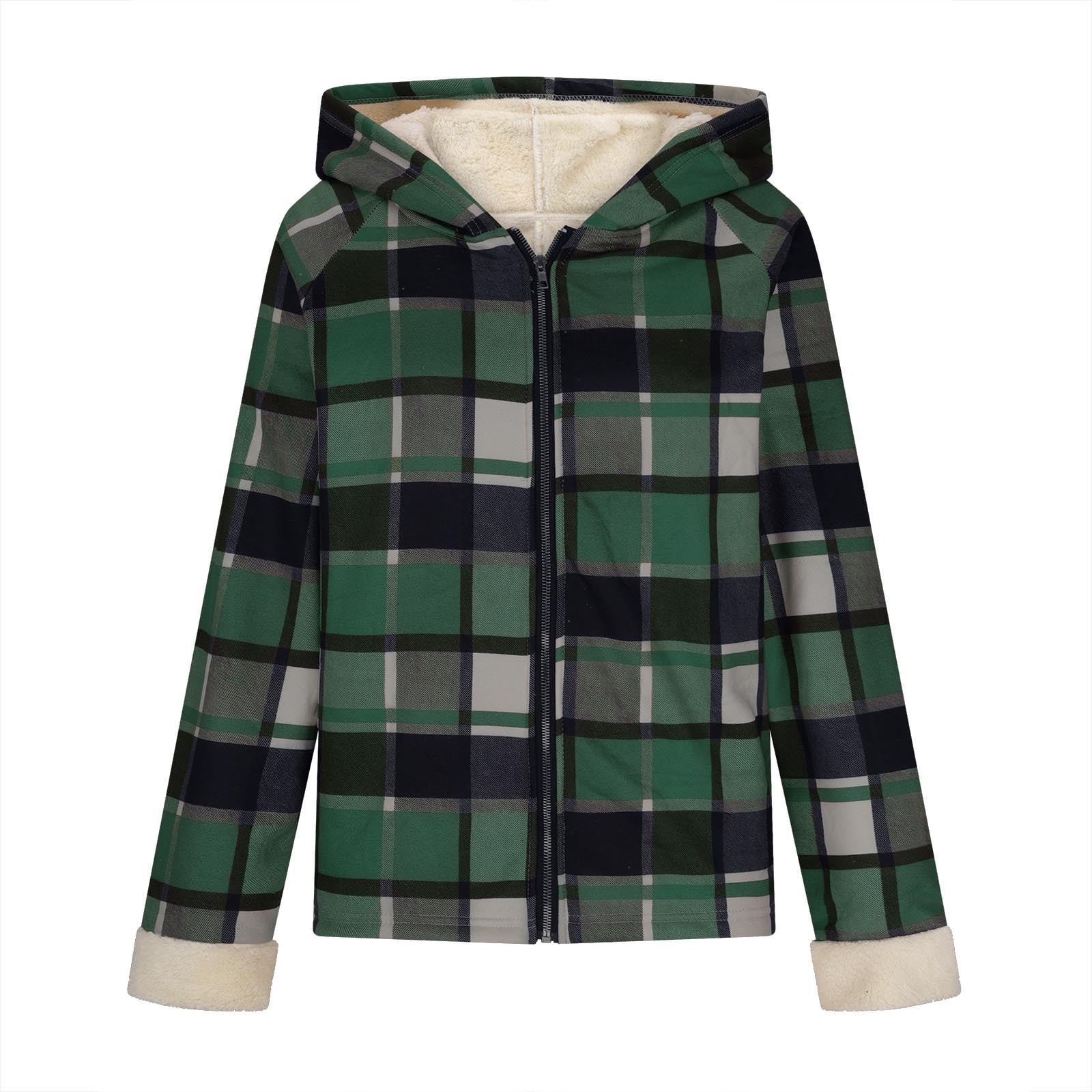 Womens Winter Coats Plaid Woolen Full-zip Hooded Jackets with Sherpa Lined Thick Warm Faux Shearling Outerwear (L, Army Green)