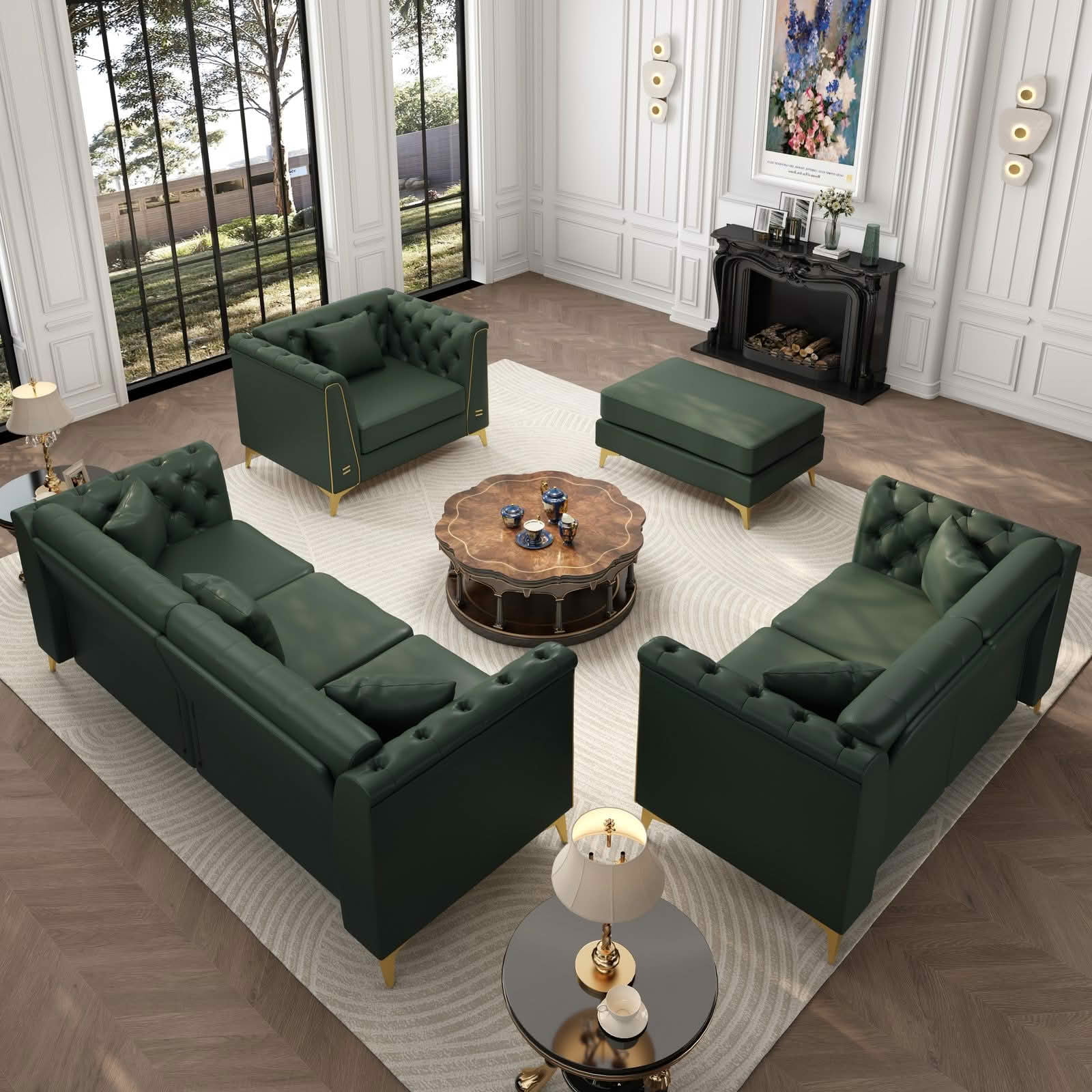 MAYEERTY Light Luxury Modular Chesterfield Sectional Sofa Set, Faux‑Leather Combination with Button Tufting, Metal‑Trim Armrest & Slim Metal Legs, 6 Pillows Included for Living Room